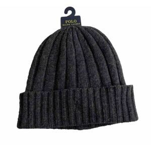 POLO Ralph Lauren Pony Wool Knit Cuffed Beanie Grey Ribbed Skull Cap Hat NWT